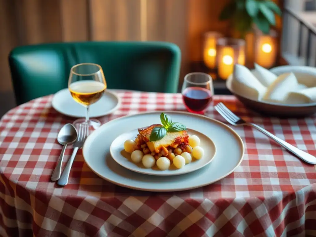 Una mesa rústica de madera con un mantel a cuadros rojo y blanco, lista para una cena italiana tradicional con Gnocchi alla Romana