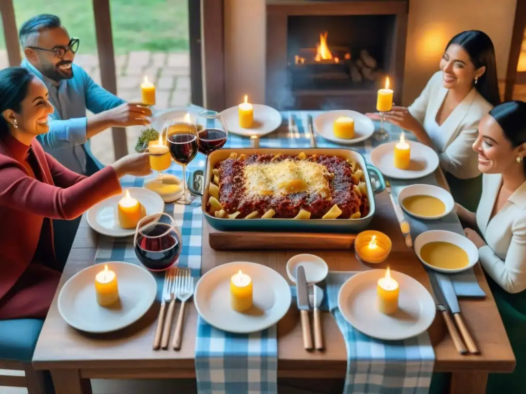 Una mesa rústica de madera con manteles a cuadros y velas encendidas al atardecer