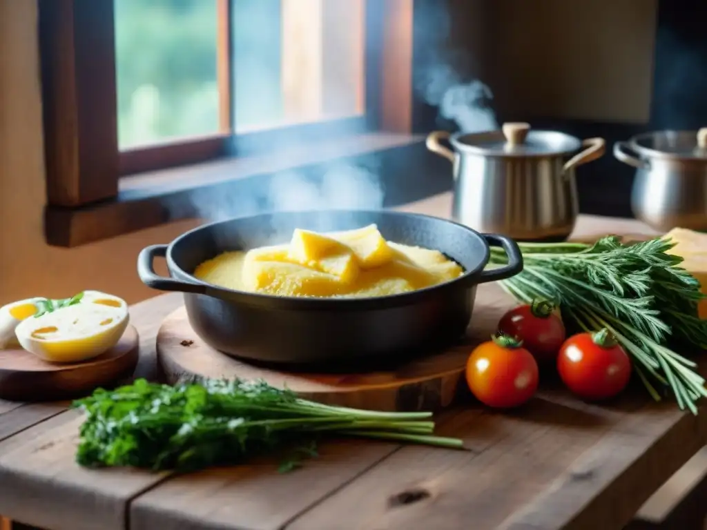 Una mesa rústica de madera con una olla de hierro fundido burbujeante de polenta, rodeada de hierbas frescas, tomates y leña