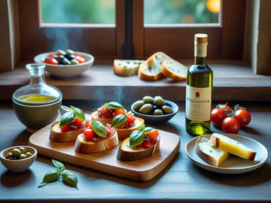 Una mesa rústica de madera con platillos tradicionales toscanos como bruschetta, queso pecorino y prosciutto, maridados con Vernaccia di San Gimignano