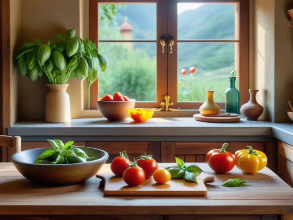 Cocina italiana tradicional: utensilios y ingredientes en mesa rústica Una mesa rústica de madera con utensilios de cocina italianos tradicionales y ingredientes frescos