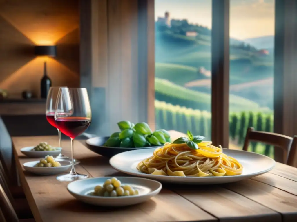 Una mesa rústica de madera con vinos italianos y exquisitos platos de pasta maridados, en ambiente acogedor