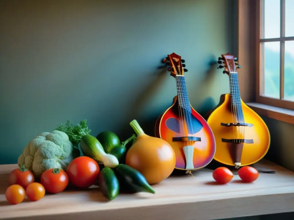 Una mesa rústica con mandolinas italianas para cortar vegetales rodeadas de verduras frescas, iluminadas por luz natural