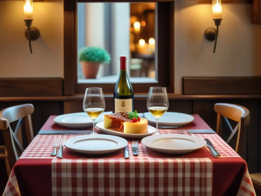 Una mesa rústica con mantel de cuadros rojos y blancos, copas de vino, velas y platos italianos románticos tradicionales