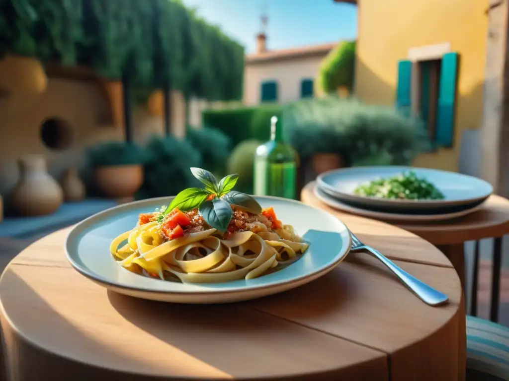 Una mesa rústica en un patio mediterráneo con platos italianos saludables en dieta, bañada por la cálida luz dorada del atardecer