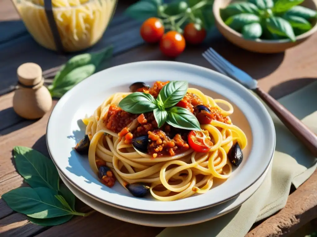 Una mesa rústica en Sicilia con un plato de Pasta alla Norma receta vegetariana, iluminado por la cálida luz del atardecer