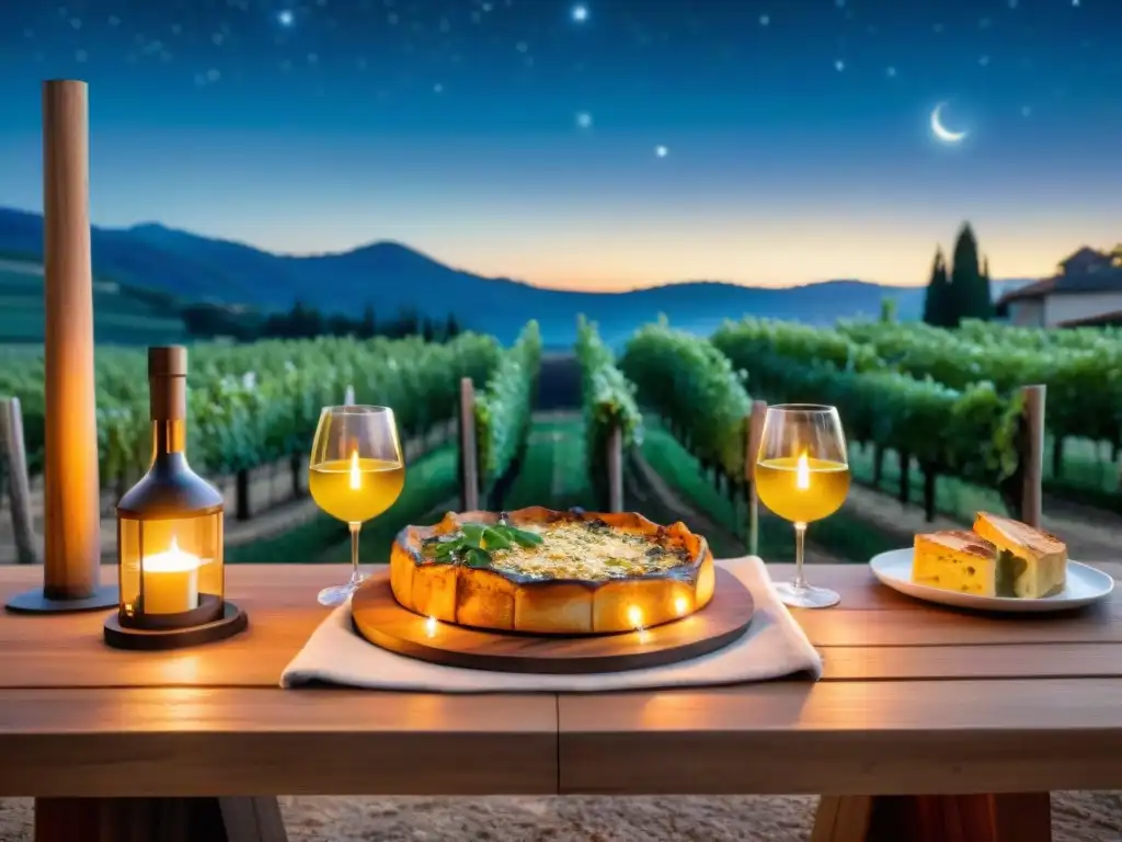 Una mesa rústica con platos al horno de leña bajo un cielo estrellado en una noche italiana perfecta