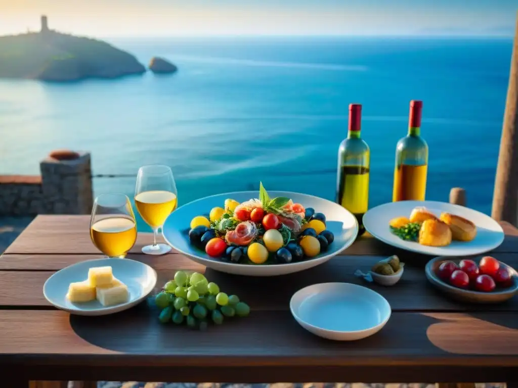 Delicias costeras de Liguria: mesa de madera frente al mar Una mesa rústica con platos italianos y vinos de Liguria frente al Mar Mediterráneo, en un escenario de maridajes vinos Liguria cocina italiana
