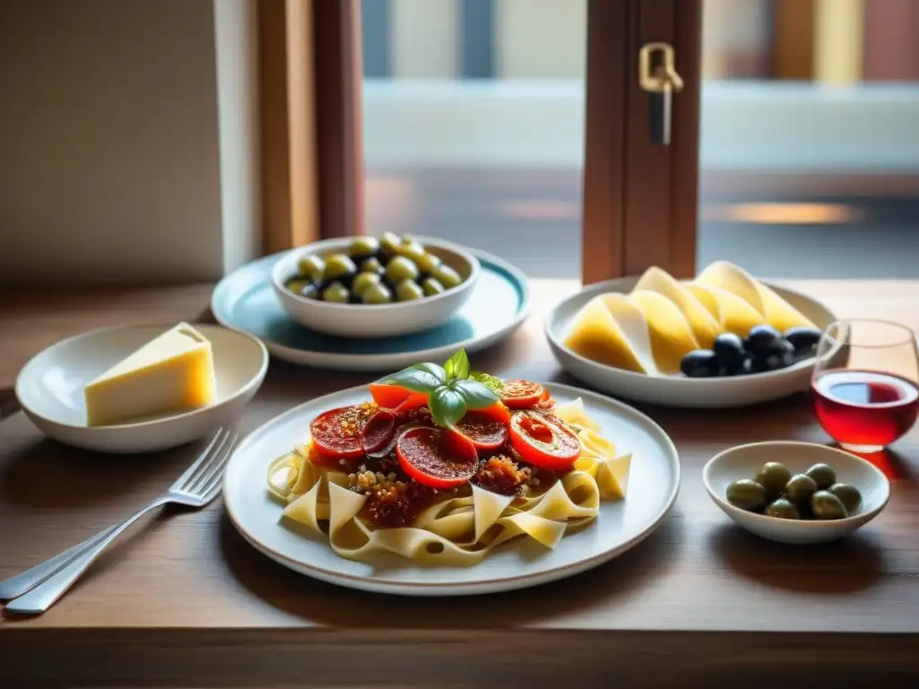 Una mesa rústica con platos italianos tradicionales y vinos marida perfectamente con la cocina italiana