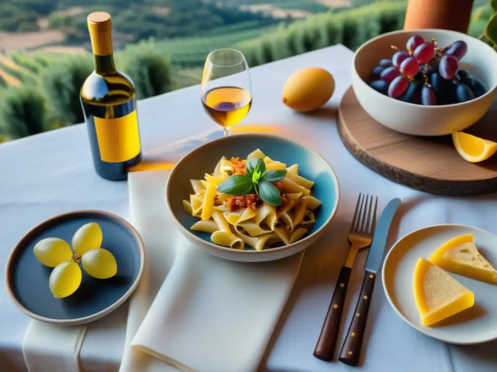 Una mesa rústica con platos sardos tradicionales y maridajes vinos cocina italiana tradicional, en un atardecer cálido entre viñedos exuberantes