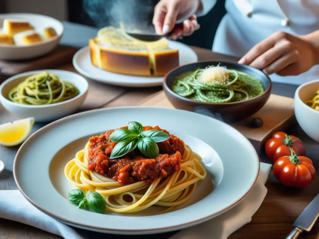 Una mesa rústica con platos tradicionales de cocina italiana en un bullicioso ambiente de cocina