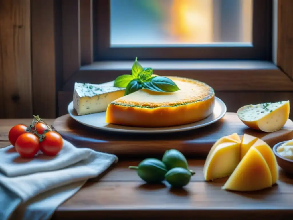 Una mesa rústica con platos vegetarianos italianos coloridos y quesos auténticos como Parmesano, Mozzarella y Ricotta, resaltados por la luz natural