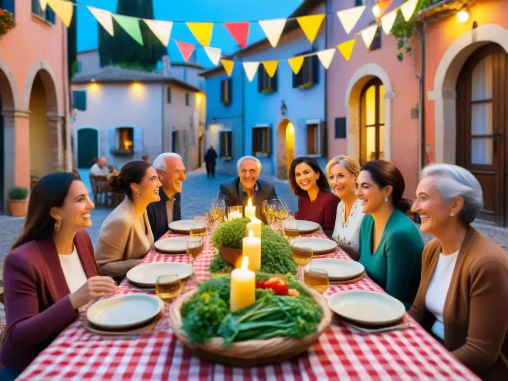 Una mesa rústica en una plaza italiana, repleta de comida y rodeada de personas riendo y compartiendo