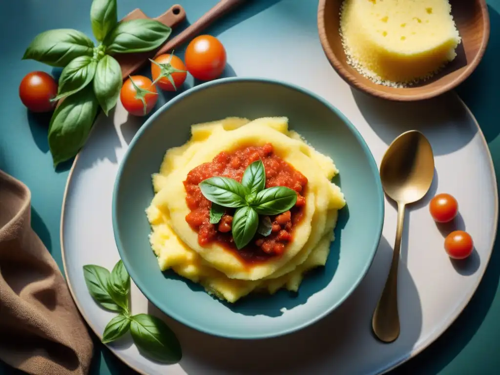 Una mesa rústica con polenta cremosa, salsa de tomate y albahaca fresca