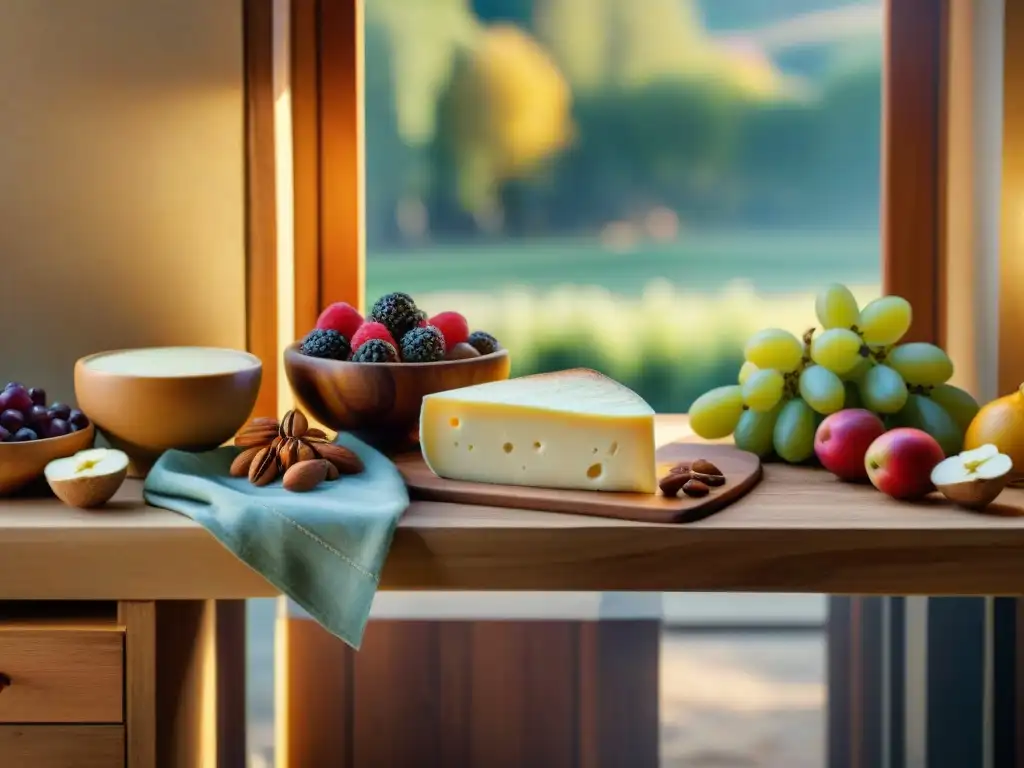 Una mesa rústica con queso Fontina, frutas, nueces y pan artesanal