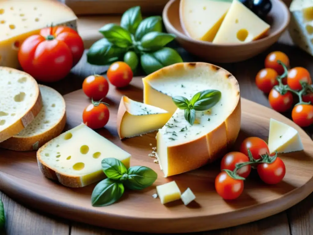 Una mesa rústica con quesos italianos en dieta mediterránea, bañados por luz cálida