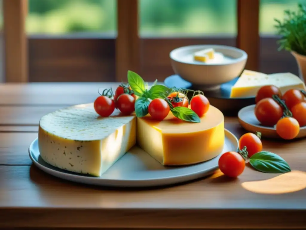 Una mesa rústica con quesos veganos italianos sin lácteos en platos de cerámica, tomates y hierbas frescas, iluminados por el sol