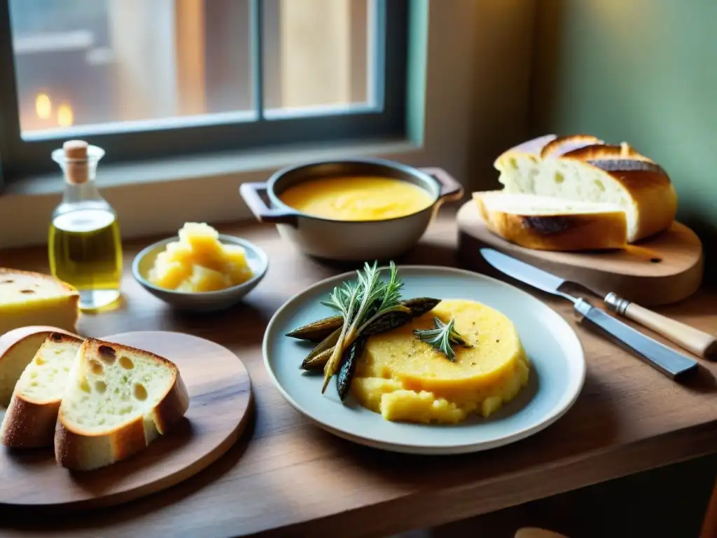 Una mesa rústica con una receta tradicional spezzatino italiano: polenta cremosa, vegetales asados y pan recién horneado