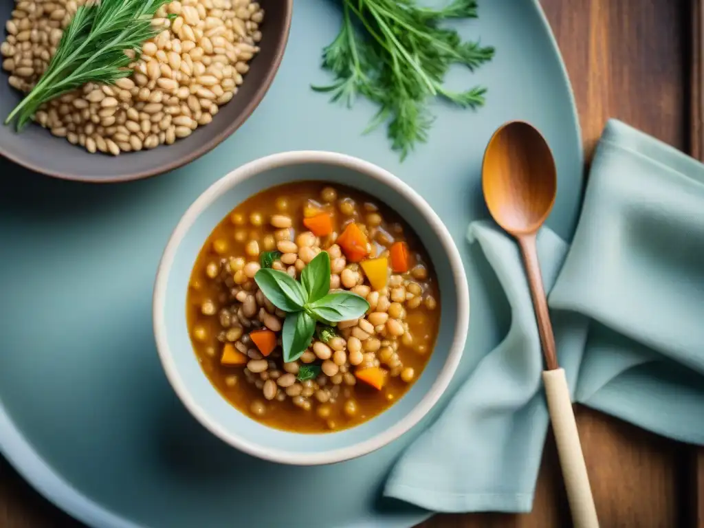 Una mesa rústica con una receta tradicional Minestra di Farro: un plato reconfortante y lleno de texturas y colores vibrantes