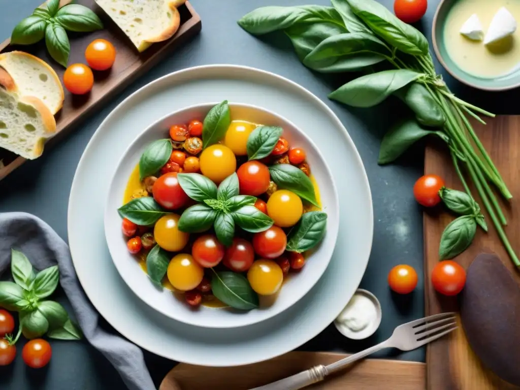 Una mesa rústica repleta de coloridas delicias vegetarianas italianas, evocando la influencia dieta vegetariana en cocina italiana