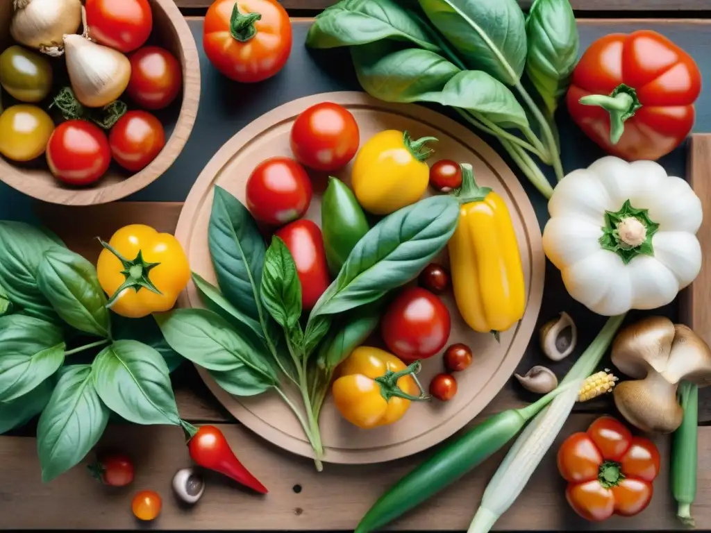 Una mesa rústica repleta de ingredientes frescos de un jardín urbano para una pizza italiana con ingredientes frescos