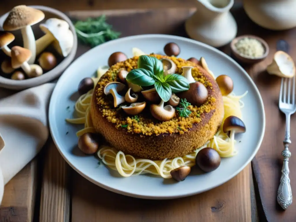 Una mesa rústica con setas frescas y rellenas, reflejando la tradición culinaria italiana