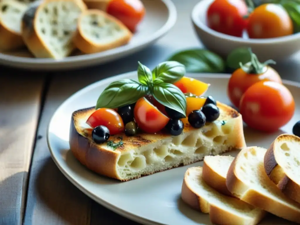 Una mesa rústica con snacks italianos saludables para todos, bruschetta, aceitunas, vegetales asados y focaccia integral