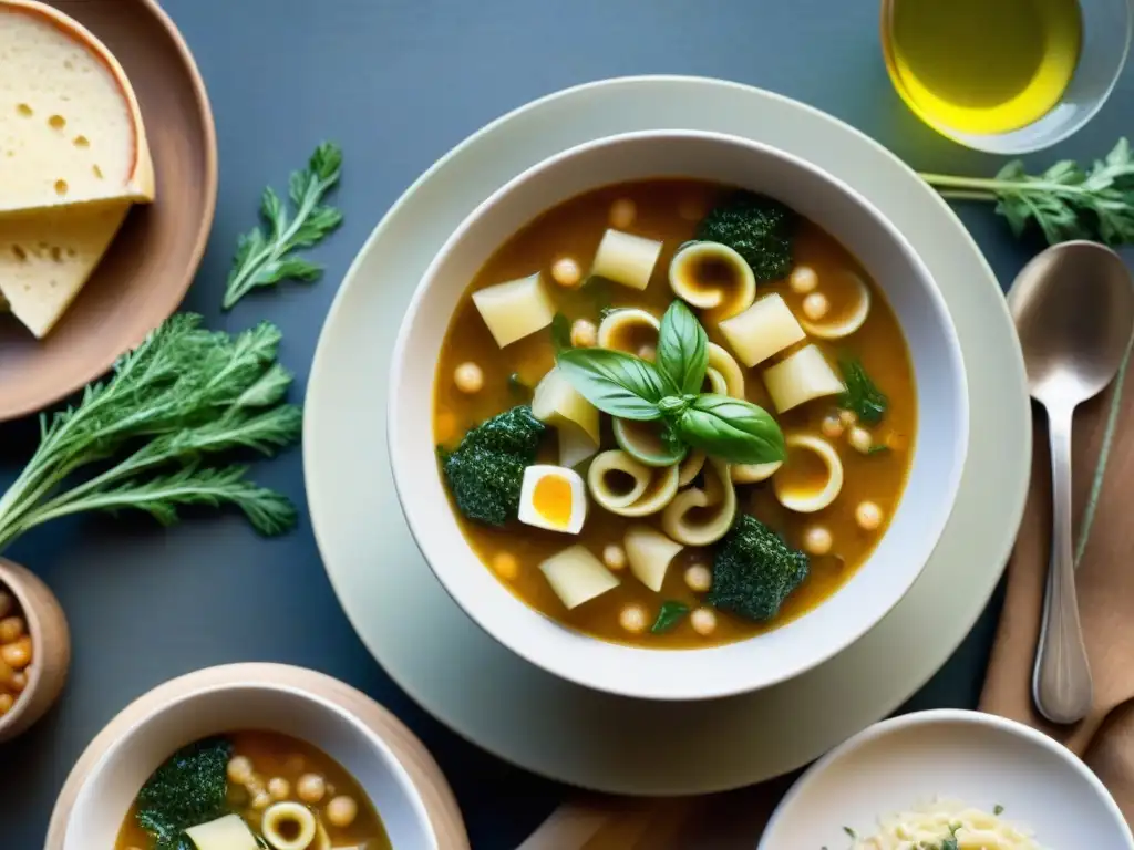 Una mesa rústica con diversas sopas tradicionales del norte de Italia, adornadas con hierbas frescas y queso Parmesano rallado, bañadas en aceite de oliva