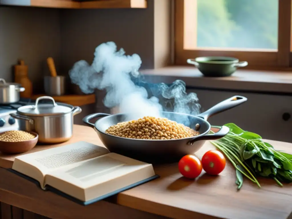 Una mesa rústica con utensilios vintage, farro orgánico y verduras frescas