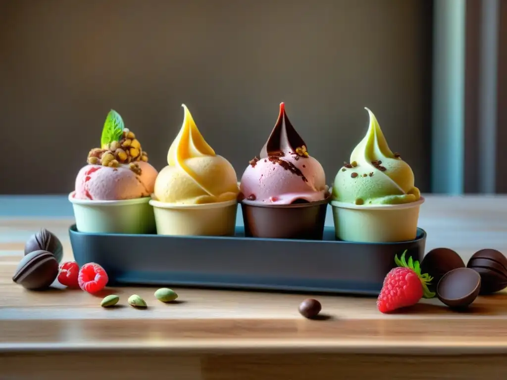 Una mesa rústica con una variada degustación privada de gelato italiano: pistacho, chocolate, frambuesa y vainilla, decorados con frutas frescas, nueces y chocolate