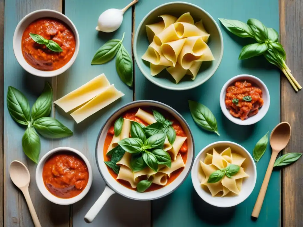 Una mesa rústica con variadas salsas y rellenos de pasta casera en cuencos, iluminados por la luz natural