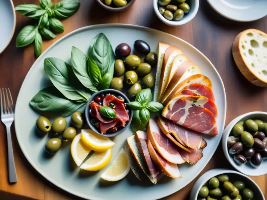 Una mesa rústica con una variedad de antipasti coloridos: embutidos, quesos, aceitunas, tomates secos y pan fresco