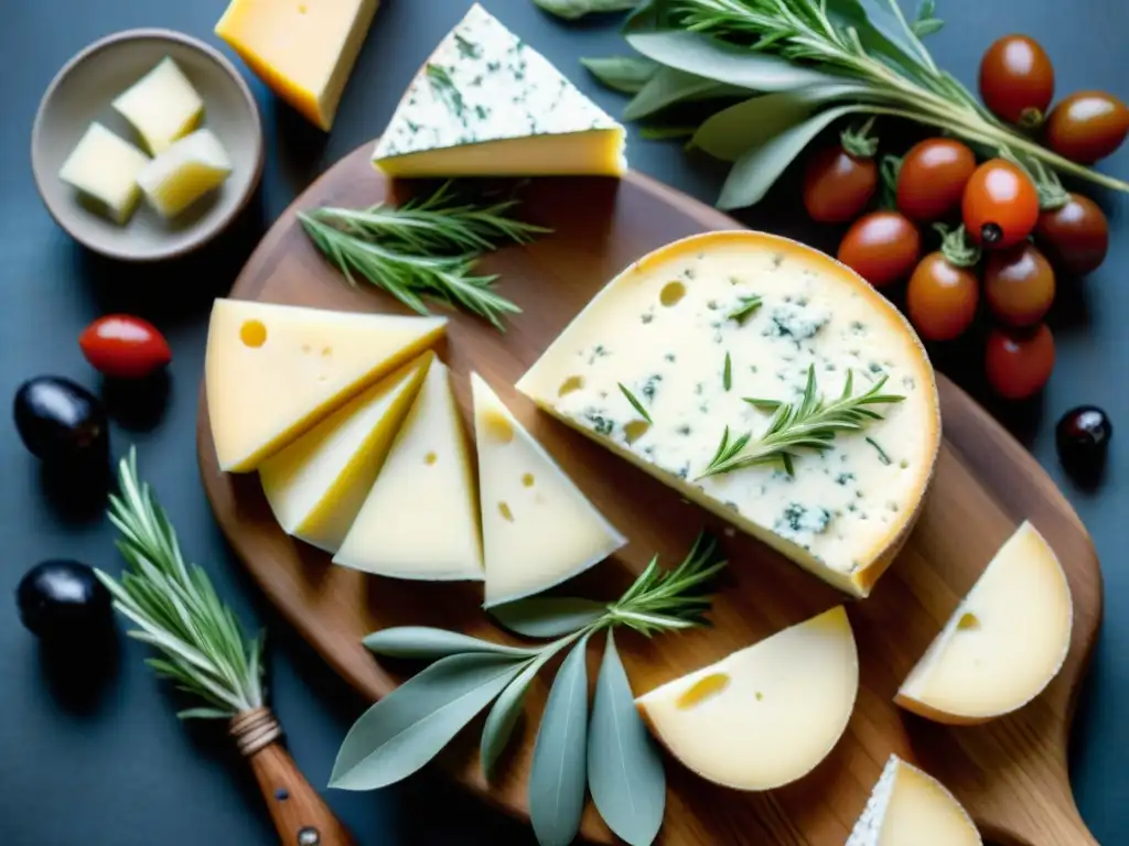 Una mesa rústica con una variedad de quesos italianos coloridos, hierbas frescas y pan artesanal