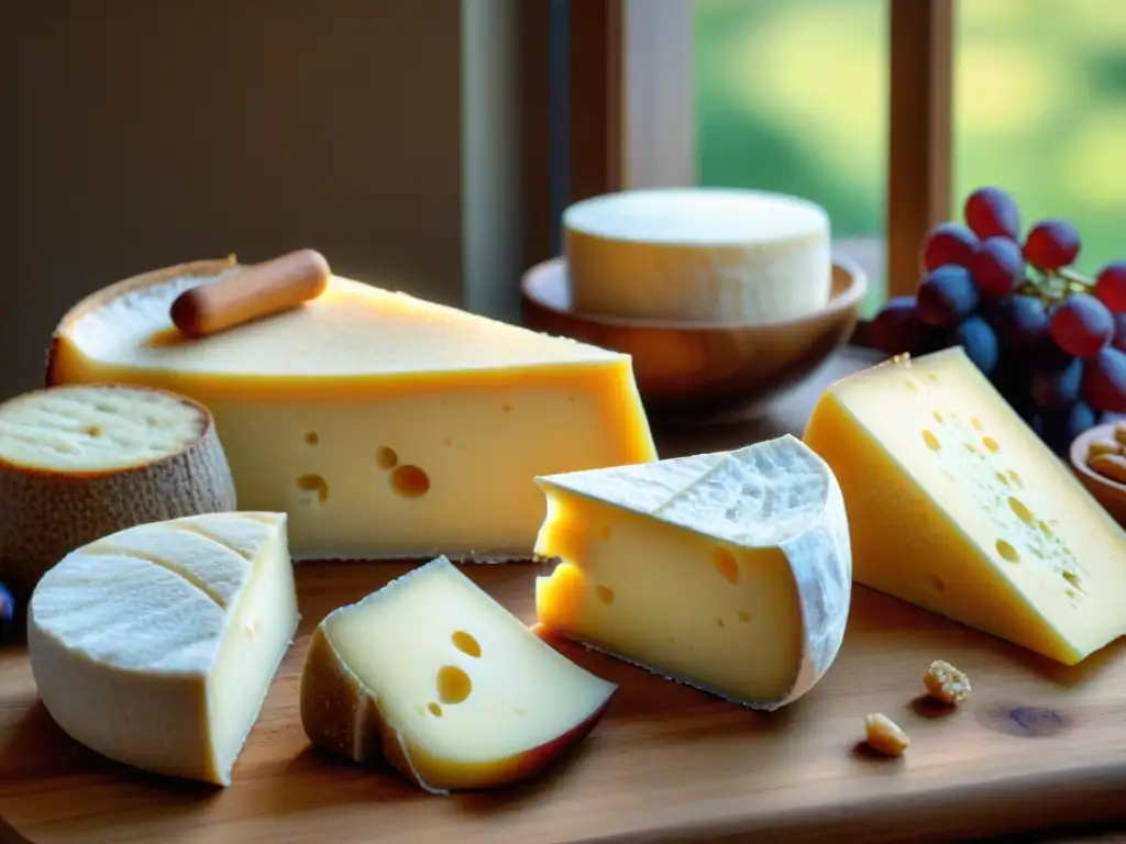 Una mesa rústica con variedad de quesos italianos: Parmigiano Reggiano, Gorgonzola, Mozzarella di Bufala, Pecorino Romano y Taleggio