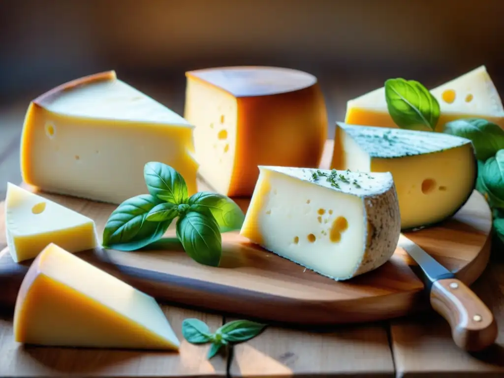Delicias italianas: tabla de quesos con encanto rústico Una mesa rústica con una variedad de quesos italianos auténticos y hierbas frescas, bañados por la luz del sol
