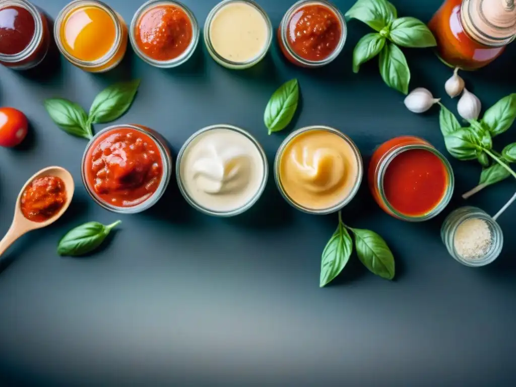 Una mesa rústica con variedad de salsas italianas caseras en frascos de vidrio, hojas de albahaca y ajos