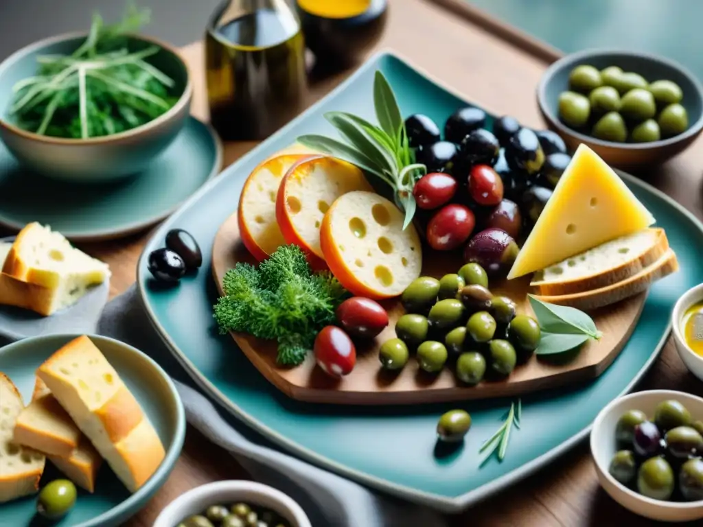 Una mesa rústica con antipasti veganos innovadores estilo italiano, colores vibrantes y presentación artística