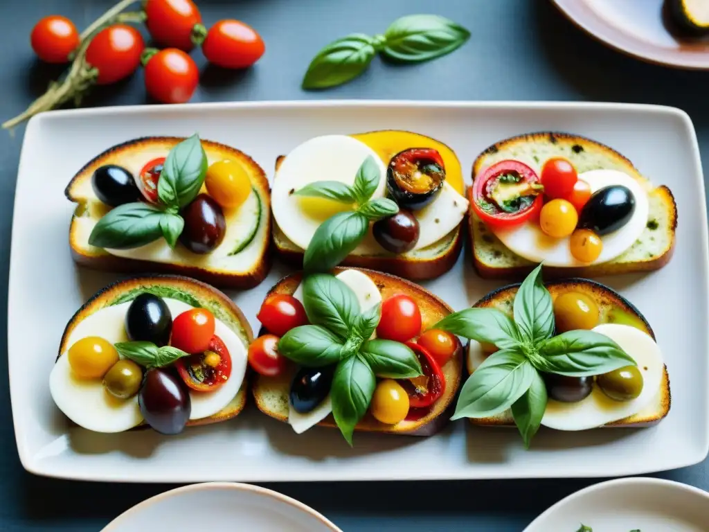 Una mesa rústica con antipasti vegetarianos típicos de la cocina italiana en un detallado closeup