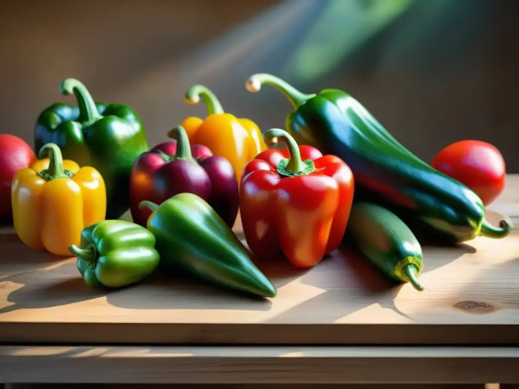 Una mesa rústica con verduras frescas y vibrantes como pimientos, calabacines, tomates y rábanos