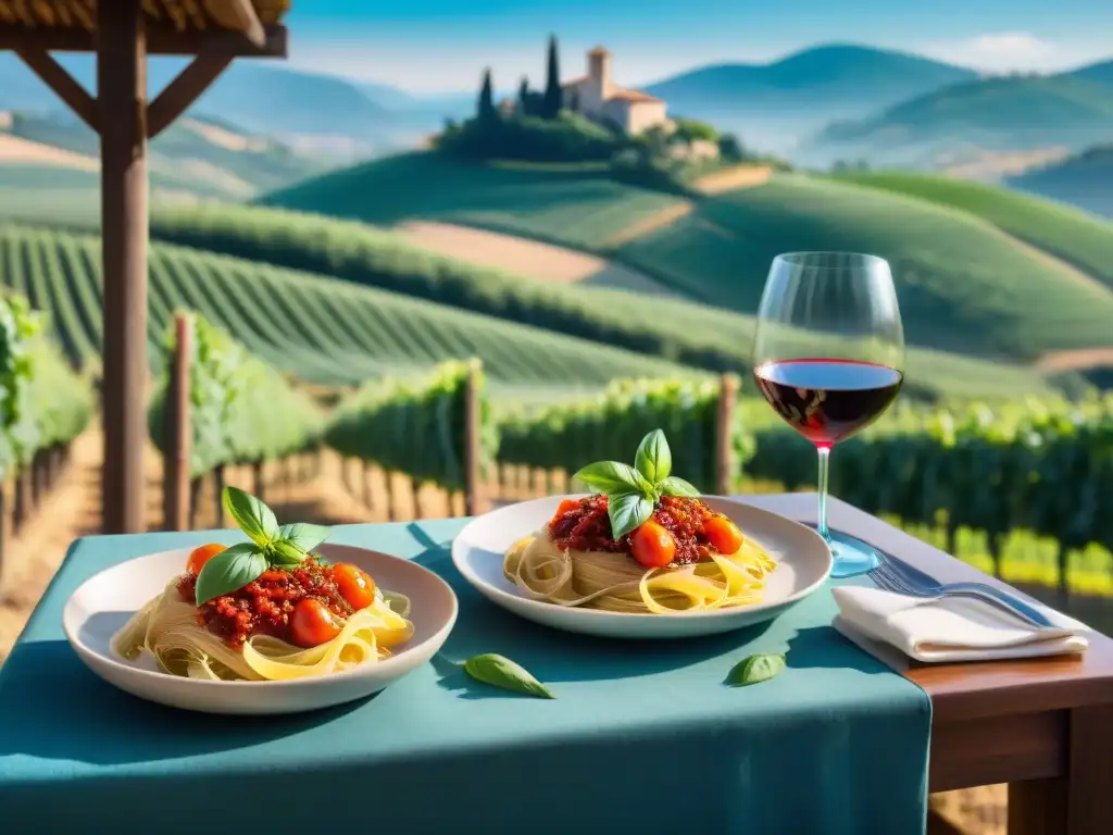 Exquisita cena en viñedo italiano Una mesa rústica en viñedo italiano, con exquisitos platos y vinos premium