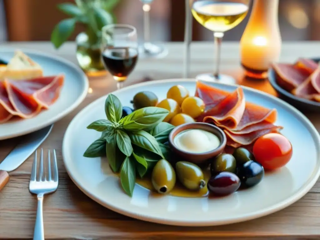 Una mesa de trattoria italiana con antipasti, en un ambiente cálido de restaurante tradicional