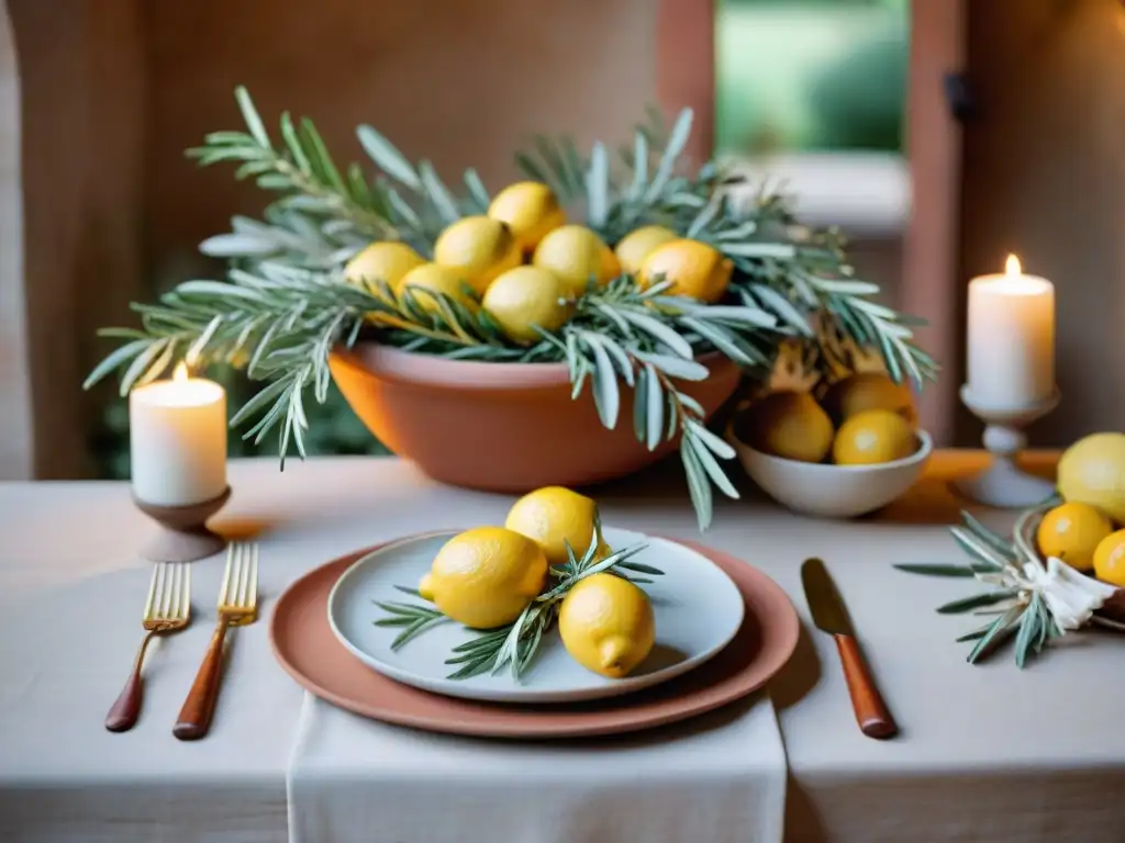 Boda italiana: mesa elegante con toque toscano y romántico Decoración de mesas de boda al estilo italiano con vajilla, copas, servilletas y centro de mesa de olivos, limones y romero, iluminado por velas