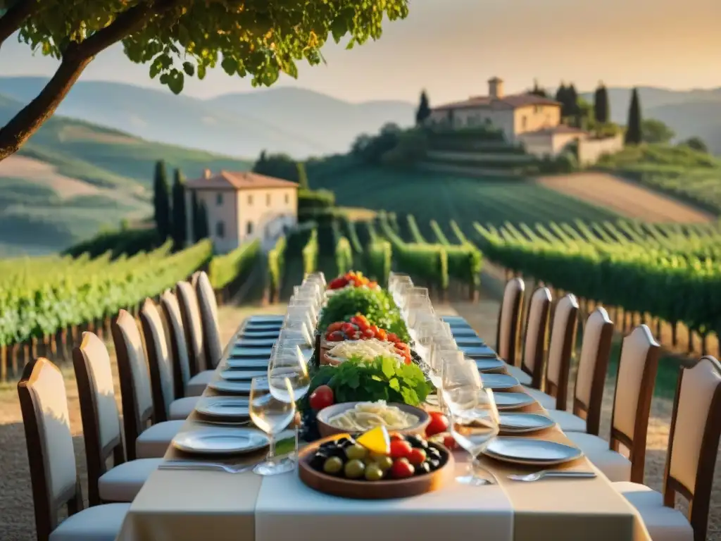 Mesas de boda en Italia con menús de cocina italiana: fettuccine, caprese, antipasti y una villa al atardecer