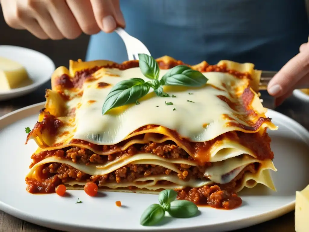 Montaje detallado de una deliciosa lasaña italiana tradicional Preparación meticulosa de receta auténtica lasaña italiana con capas de pasta fresca, salsa boloñesa, bechamel y quesos italianos