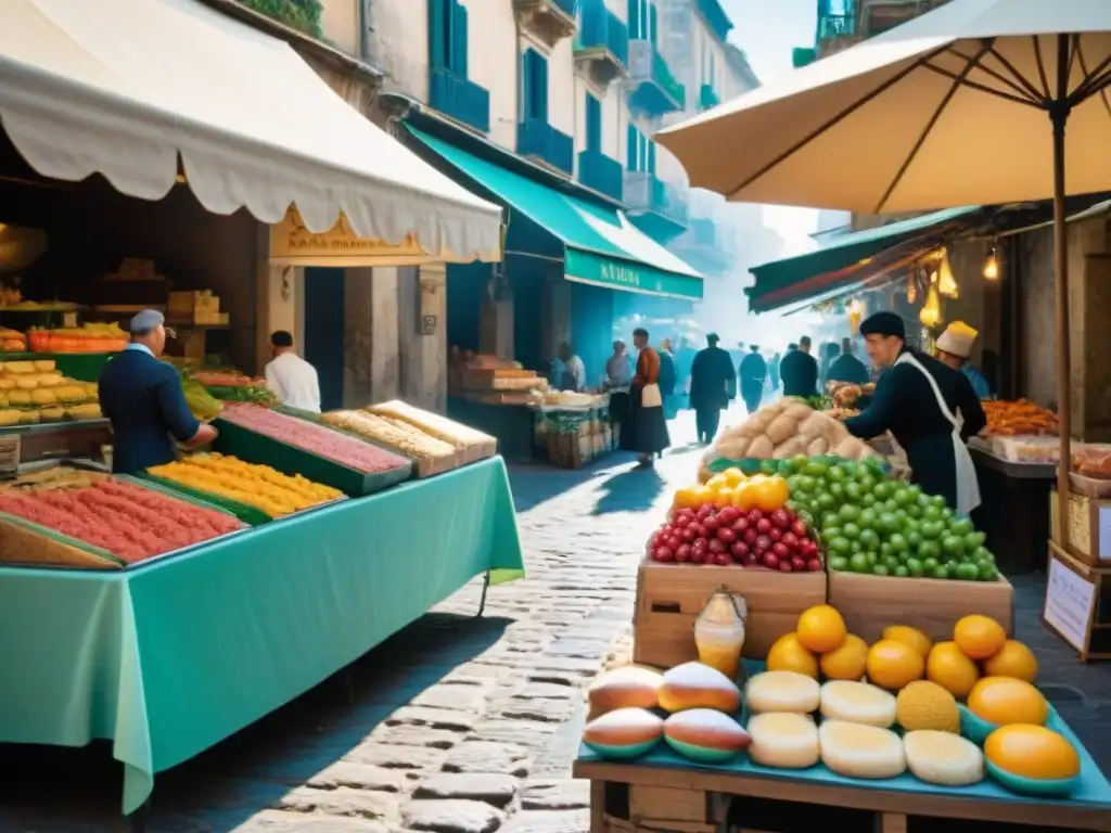 Puesto de 'Pani ca Meusa' en vibrante mercado de Palermo, Sicilia, con clientes y vendedores en acción