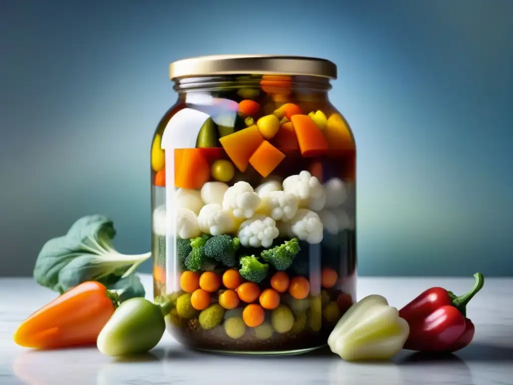 Una mezcla colorida de vegetales encurtidos en un tarro de vidrio, destacando la Giardiniera italiana fermentada receta tradicional