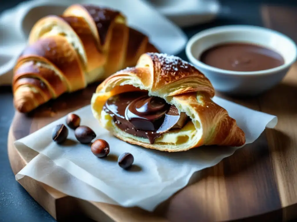 Deléitate con la mezcla cremosa y color avellana de Nutella en un croissant recién horneado, en una cocina italiana llena de ingredientes