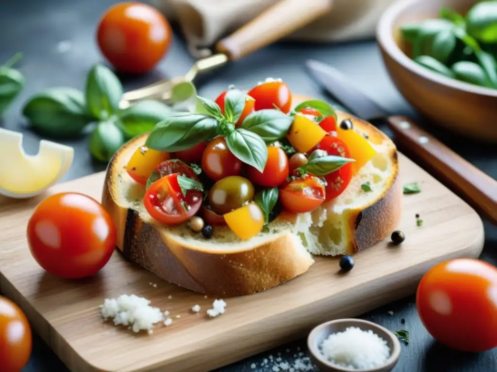 Una mezcla de ingredientes frescos y coloridos en una tabla de madera rústica para preparar una receta auténtica bruschetta italiana