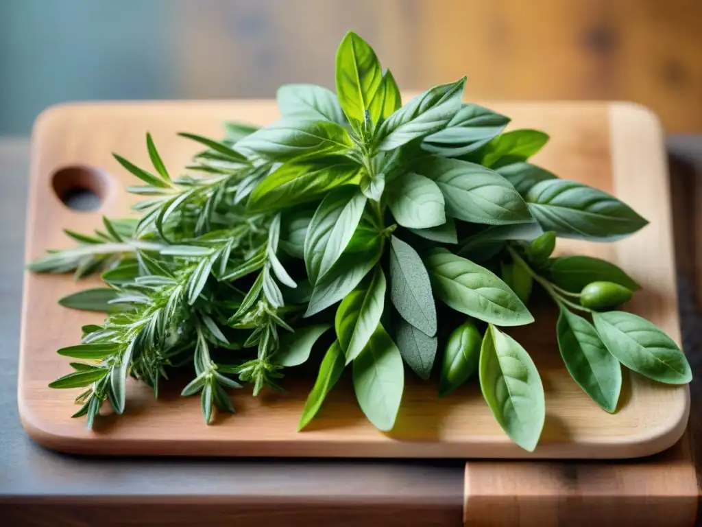 Mezclas de hierbas italianas caseras en tabla rústica con detalles vibrantes y frescura natural capturados