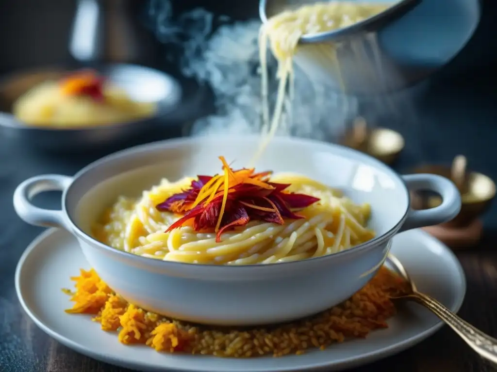 Azafrán en risotto alla milanese: Detalles vibrantes de azafrán rojo sobre el cremoso risotto, un festín visual y aromático